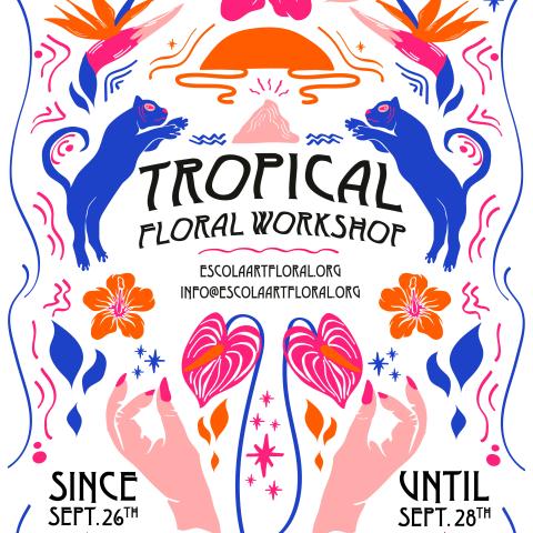 poster tropical flowers con ilustraciones coloridas